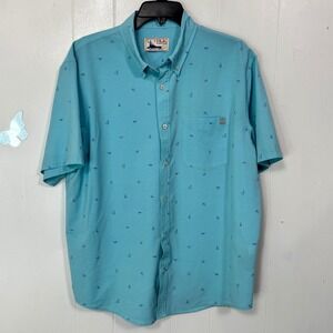 Huk Fishing Mens Large Short Sleeve Button Up Aqua Blue Tropical Print Shirt